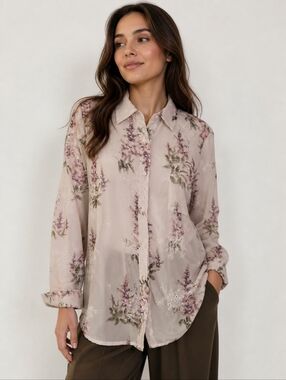 Vtg STARDOM White & Purple Floral Eyelet Sheer Chiffon Cottage Button Down Shirt